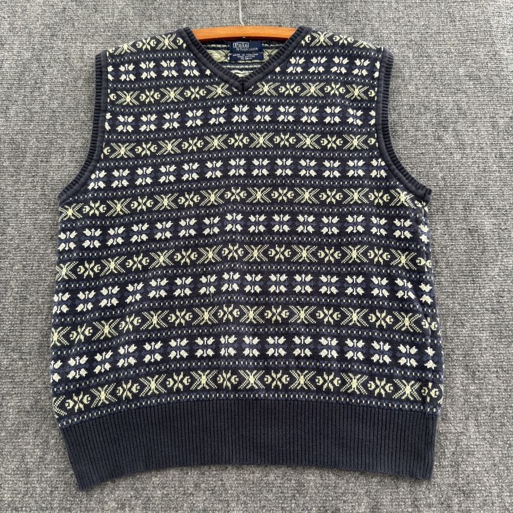 Vintage Polo Ralph Lauren Knit Sweater Vest Fair Isle Nordic Pattern Navy Blue